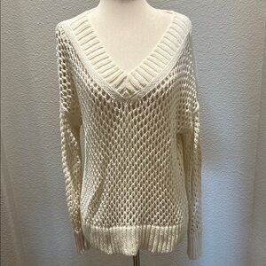 Club Monaco Cream V-Neck Sweater with Open-Knit Design